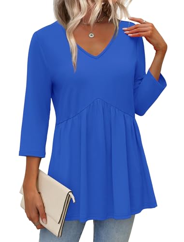 Image of OFEEFAN 3 /4 Length Sleeve Womens Tops 2026 Blouses for Women Dressy Casual Fashion Clothing V Neck Babydoll Tops Fall Outfits