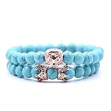 Naturstein Armband,7 Chakra Naturstein Armband Für Damen Türkis Mit Roségoldenem Löwen Rücken An Rücken Krone Naturstein Perlen Edelstein Yoga Armreif Für Herren（EIN Set）