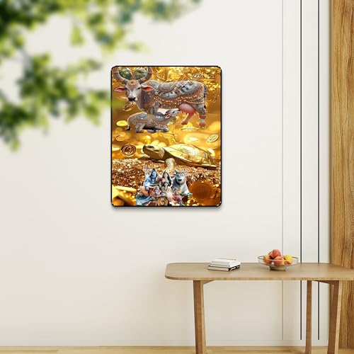 Image of SAF Divine Cow Kamdhenu Tortoise Shiva Family Gold Coin Wall Art | Vastu Black Frame Sparkle Laminated Painting | Positive Energy, Wealth & Protection Home Decor (14 Inch x 11 Inch) K-36117