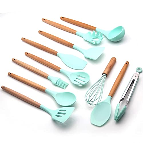 Karangred 12Pcs Silicone Cooking Kitchen Utensils Set with Holder,Wooden Handles Cooking Tool,BPA Free,Non Toxic Turner Tongs Spatula Spoon Kitchen Gadgets Set for Nonstick Cookware (Green) - Image 5