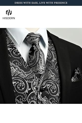 Image of HISDERN Mens Vest Tie Set 3PC Formal Waistcoat Paisley Floral Jacquard Necktie Pocket Square Suit Vests Wedding Party