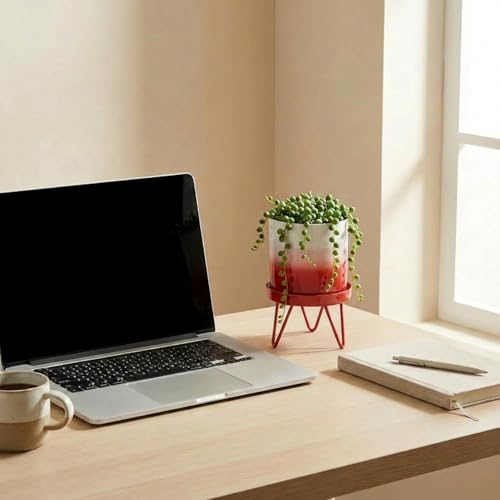 Image of ecofynd Lucas Metal Plant Pot with Red Stand, Modern Style Planter Set, Indoor Outdoor Home Decor Item for Garden Plants Flower, Balcony, Patio, Living Room, Garden, Bedroom (PWS032-WHTRED)