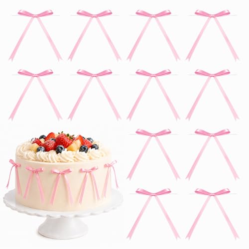 Oeyliz Bow Cake Toppers Pink Ribbon Bows for Cake Pink Bow Cupcake Toppers 30 PCS Pink Bows Cake Decor for Birthday Bridal Weddings Baby Shower Party Decorations