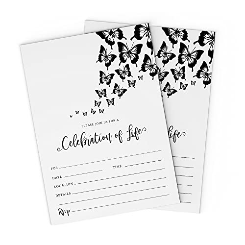 Expressionz Cafe Butterfly Celebration of Life Funeral In Loving Memory 5x7 Invitations with Envelopes, Fill Out Cards (Pack of 25)