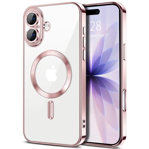 Coque iPhone 17 transparente rose anti-choc et anti-rayure d'objectif compatible MagSafe