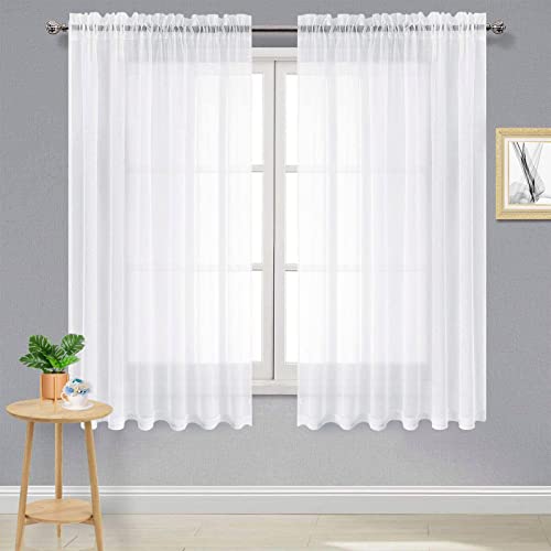 DWCN 70 Inch Wide White Sheer Curtains 63 Inch Long Rod Pocket 2 Panels