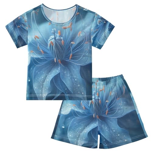 ALAZA Blue Flower Blossom Pajamas Set Short Sleeve Cotton Sleepwear Summer Pjs 2 Piece 5-14Y