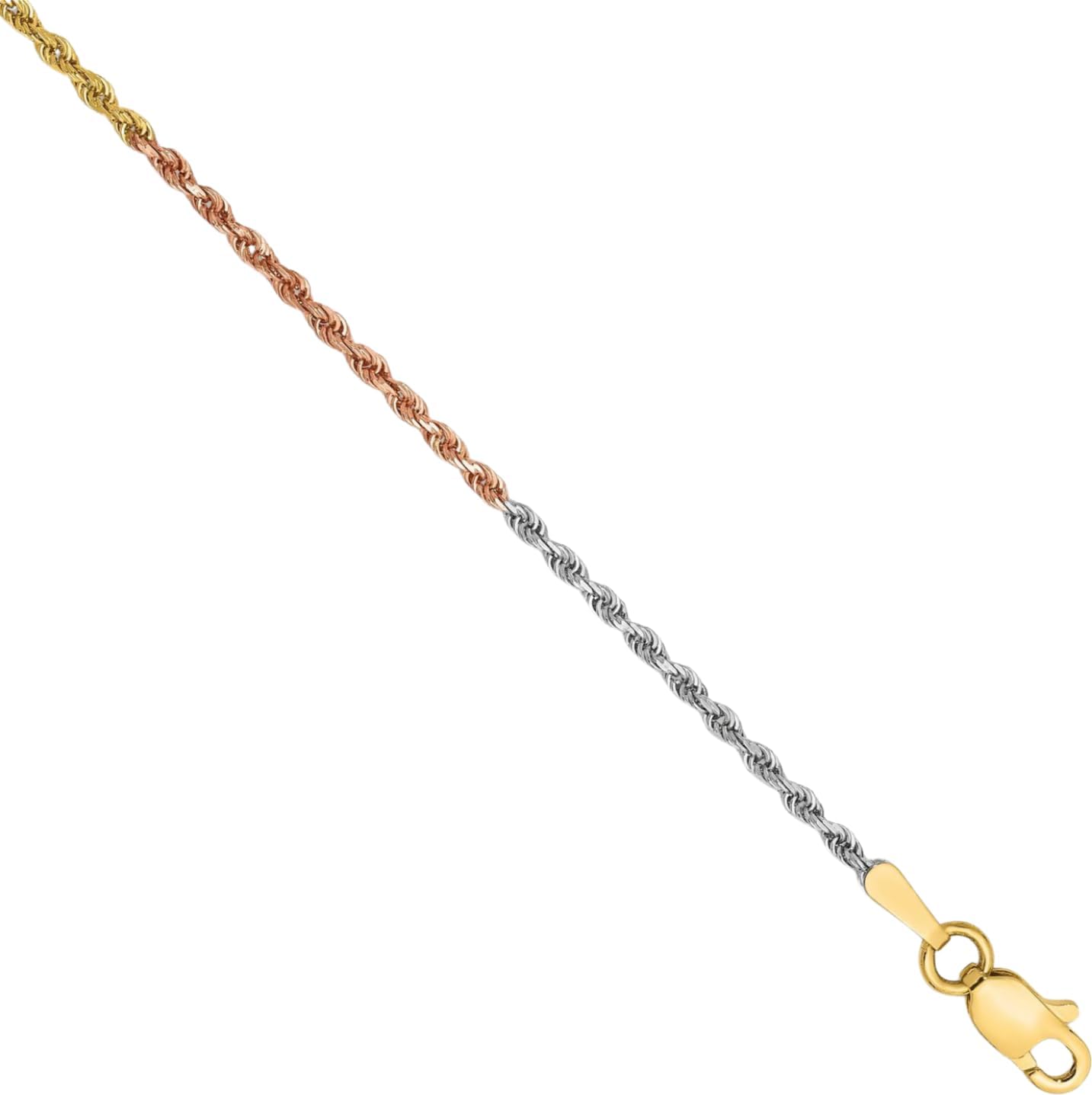 IceCarats 14K Solid Tri Color Gold 1.5mm Thin Rope Chain Bracelet Diamond Cut, Polished