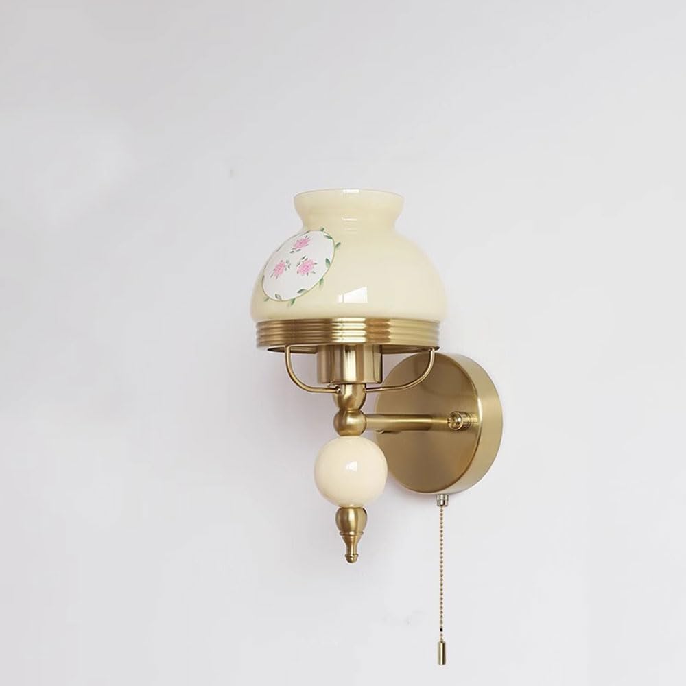 Antique Wall Light Fixture, Patterned Glass Shade Sconce with Pull Chain Switch, Cream Style for Bedroom Living Room Bathroom Vanity