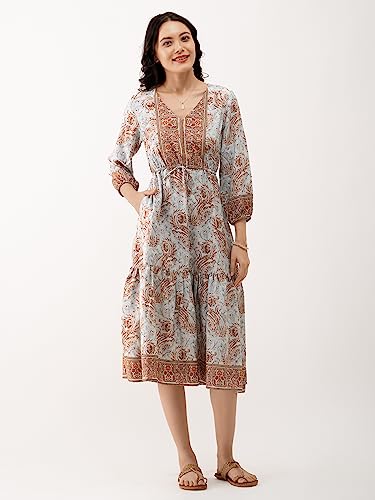 Image of AASK Abstract Printed Puff Sleeve Gathered Detailed Fit Flare Dress