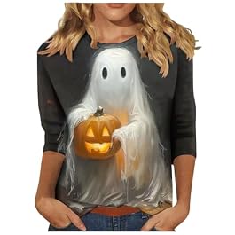 Womens Halloween Shirts Print Ghost T-Shirt Casual 3/4 Sleeve Tee Shirt Crewneck Halloween Tops for Women Tee Shirt