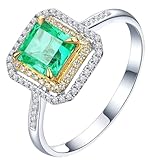 Homxi Anillo Mujer Alianza 18K Oro Blanco, 4 Garras Cuadrado con Esmeralda de 0,85ct y Diamante, Anillos Promesa Mujer Plata Verde, Tamaño 23(63mm)