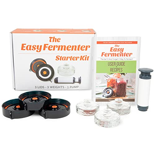 Easy Fermenter Fermentation Kit (3 Fermentation Lids + 3 Glass Fermentation Weights + Pump) – Pickling Kit Use For Sauerkraut Kit, Kimchi Kit, Pickles, Vegetable Fermenting Kit In Wide Mouth Pickling Jar. Great Fermentation And Pickling Equipment. #TOP1