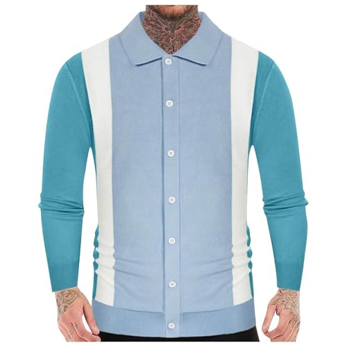 Cambkatl Men's Vintage Striped Colorblock Long Sleeve Cardigan Sweater Button Down Collared Knitted Outerwear