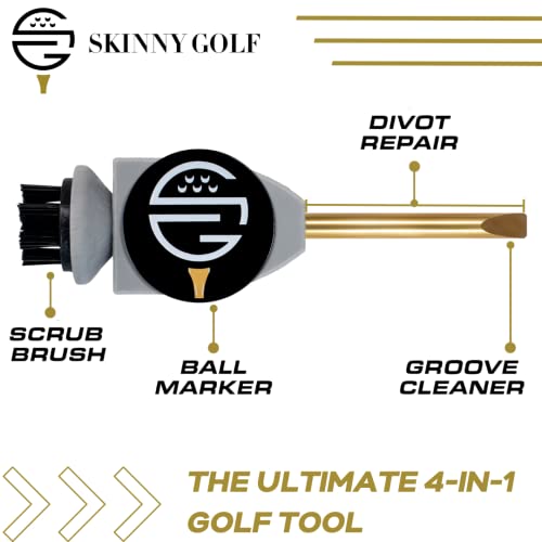 Skinny Golf Pocket Caddie | The Ultimate 4-In-1 Golf Tool | With Scrub Brush, Brass Tip Groove Cleaner, Divot Repair & Ball Marker | Fits Easily In Your Pocket | Holds Any Ball Marker (White) #TOP1
