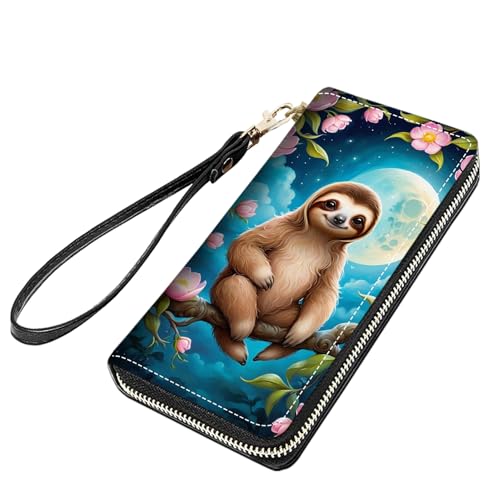 stmedazm Cute Sloth Print Women Large Capacity PU Leather Zip Around Wallet, Multifunctional Clutch Purse for Cash/Card/Coin/Smart Phone