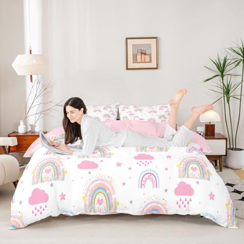 Parure de lit rose imprimé nuage arc-en-ciel avec housse de couette 3 pièces lit King Size