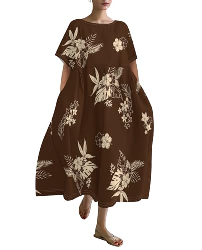 Plus Size Dress for Women Flowy Midi Dress Boho Floral Linen Short Sleeve T Shirt Dresses with Pockets Trendy Summer