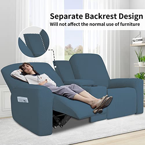 Image of Easy-Going 1 Piece Reclining Loveseat with Middle Console Slipcover | Stretch 2 Seater Loveseat Recliner Cover with Holder and Storage, Recliner Couch Sofa Cover, Furniture Protector Bluestone