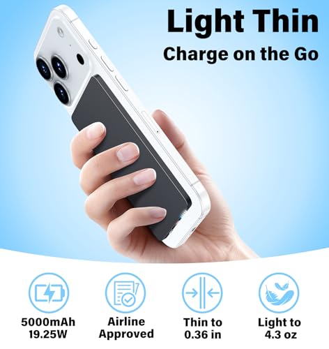 Image of 3-in-1 5000mAh for Magsafe Power Bank Thin Slim 22.5W Fast Charging Type C Magnetic Battery Pack Powerbank for Travel, Mini Wireless Portable Charger for iPhone 17 16 15 14 13 12 Watch Android, Black