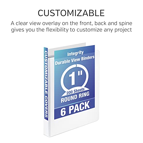 Integrity 3 Ring Binder 1 Inch, White, Pack Of 6, Clear Presentation View, Insertable Front, Back And Spine, Non-Stick, Holds 200 Sheets, 8.5 X 11 Inch, Made In The Usa #TOP1