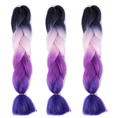 Feibin 30色 ウィッグ エクステンション 3本セット ブレイズ 編み込み グラデーション 三つ編み ヘアアクセサリー 盛りアップ つけウィッグ かつら 毛束 ウィッグ つけ毛 ヘアアクササリー ヒップ ホップ レゲエ ダンス ヘアアレンジ(58#パープル)