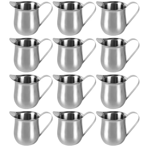 LUMINFLY 12 Mini Stainless Steel Creamer Cups, 3 Oz Pouring Pitchers with Precision Spout for Milk Frothing, Ideal for Home & Restaurant Use