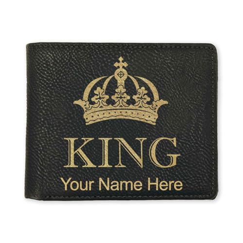 LaserGram Faux Leather Bi-Fold Wallet, King Crown, Personalized Engraving Included (Black with Gold)