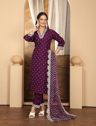 Image of Yashika Women's Silk Blend Table Print Kurta Pant Set with Mal Cotton Digital Print Dupatta and Embroidery Work Suitable for Every Indian Occasion