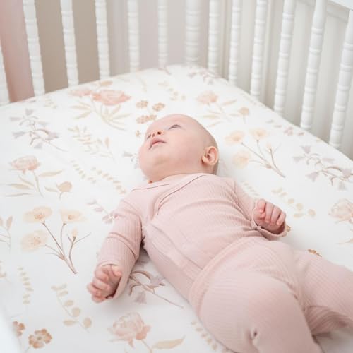 Image of Crane Baby Violet Floral 100% Cotton Sateen Fitted Crib Sheet, Baby Girl Crib Sheets, Pink Floral Toddler Bed Sheets, Wildflower Nursery Decor, Vintage Baby Girl Nursery Decor, Pink Toddler Sheets