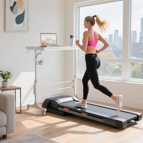 Image of WINAZ Rolling Standing Desk with Wheels, 32 inch Adjustable Height Small Portable Teacher Desk for Classroom, Mobile Treadmill Walking Pad Table for Laptop, Compact White Home Office Workstation
