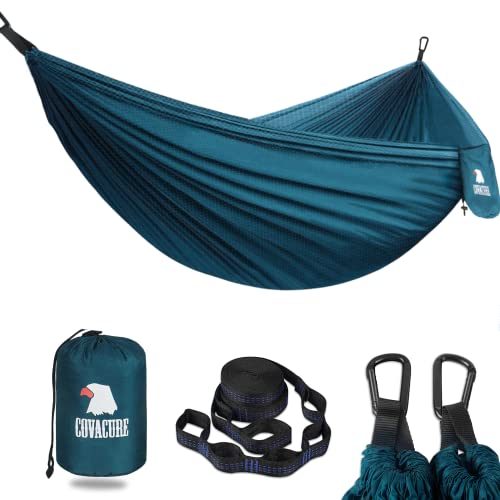 COVACURE Camping Hammock – 270*150cm Ultralight 70-Denier Durable & Breathable Nylon Travel Hammocks with Two 10FT Tree Straps for Outdoor Camping Accessories (330lbs Capacity)