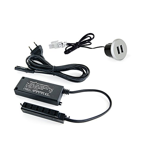 Emuca - Cargador USB universal multipuerto, tipo-A, color gris metalizado, para encastrar en mueble