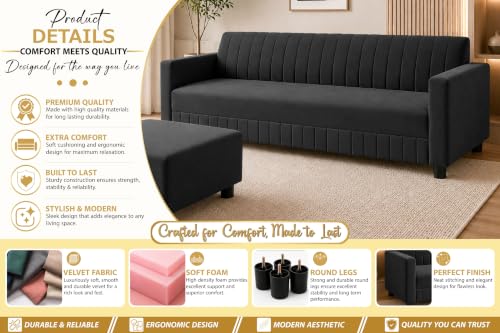 Image of 3 Seater Velvet Sofa with Ottoman | Modern Upholstered Couch | Comfortable Living Room Sofa | Durable & Stylish Seating for Home, Office & Guest Room - Black Color
