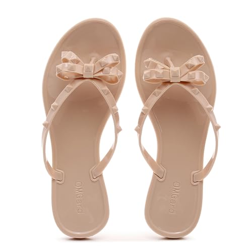 Image of Studded Jelly Shoes for Womens Bow Flip Flops Jellies Sandals Flat Black Summer Beach Thong with Rivets Strappy Slides Slip On