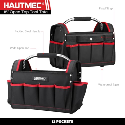 HAUTMEC 3-Piece Rolling Tool Bag Set, 18" Tool Bag on Wheels, 15" Open Tool Tote & 12" Samll Foldable Bag, Heavy-Duty Wide Mouth Tool Box with High-Density Oxford, Off-Road Wheels – HT0287 - Image 4