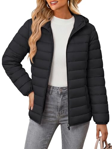 MAGCOMSEN Womens Black Puffer Quilted Jacket Hooded Ultra-light 4 Pockets Water-resistant Long Sleeve Full-zip Padded Coat, Black S