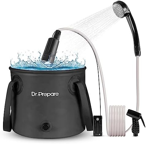 Dr. Prepare 5 Gallons Portable Shower for Camping, 20L Camping Shower with Pump, USB Rechargeable Battery, Two Shower Heads, Large Water Flow, Portable Shower for Beach Hiking Outdoor, Pet Cleaning