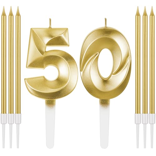 Mtlee Birthday Candles Set for Cakes Including Thin Metallic and Number Birthday Candles for Anniversary Celebration Party Topper Decorations Men Women(Gold,50)