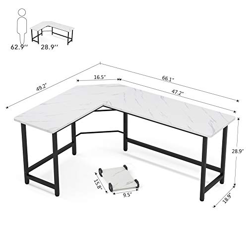 Tribesigns 66 Inch Modern L Shaped Desk, Corner Computer Desk Pc Laptop Gaming Table Workstation For Home Office, White Faux Marble/Black Metal Frame #TOP2
