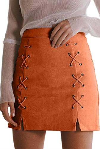 katiewens Women's Classic High Waist Lace Up Bodycon Faux Suede A Line Mini Pencil Skirt