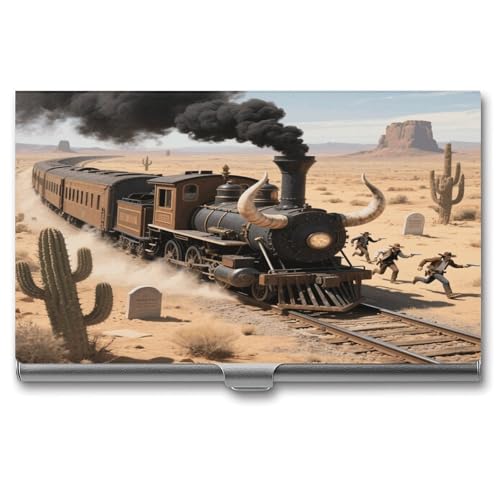 Steam Train in The Desert Business Card Holder Fashion Aluminum Alloy Flip Cover Credit Card Holder High End Professional Name Cards Case Exquisite Pocket Metal Cards Holder for Work