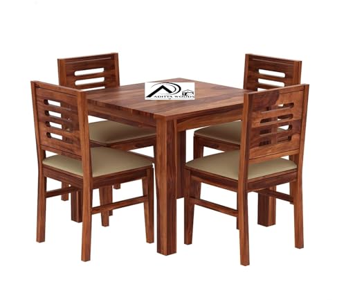 Image of AADITYA WOODS Solid Sheesham Wood 4 Seater Dining Table with Chair Set for Living Room | Wooden Dining Room Set (This is Right Size for Table- 86x86x76 cm) - Honey & Cream