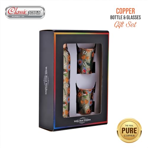Image of Classic Steels Elegant Ethnic Green Copper Water Bottle Set with 2 Glasses - 1L Capacity | Best Gift For Diwali, Wedding Anniversary And All Other Occasions. (Forest Green Copper Bottle Set)
