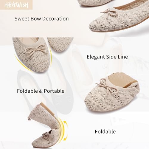 HEAWISH Women’s Flats Shoes Comfortable Black Beige Flats Crochet Lace Mesh Round Toe Slip On Casual Ballet Flats Dress Shoes