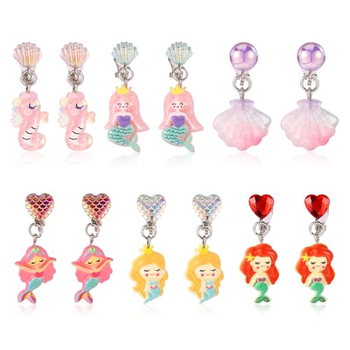 6 Pairs Colorful Clip On Drop Earrings, Resin Clip On Earrings Non-Pierced Princess for Dress Up Princess Jewelry