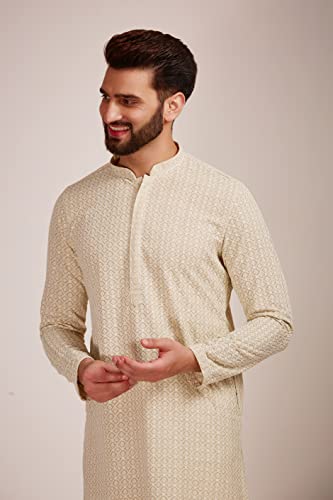 Image of Manyavar Men's Cotton Blend Self-Design Kurta Pyjama Set (2pcs)