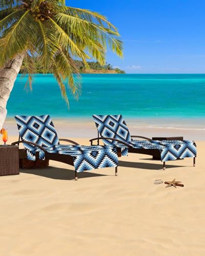 Blue Black Beach Chair Cover with Side Pockets, Microfiber & Quick Dry Pool Chaise Lounge Chair Towels Covers for Sun Sunbathing Patio Garden Hotel, Southwest Aztec Boho Geometric Modern Moroccan