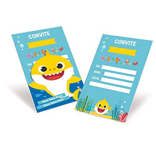 Convite No Tema Baby Shark - Tamanho 10.5 x 13.5 cm com 08 Unidades, Cromus Festas, Azul e Amarelo