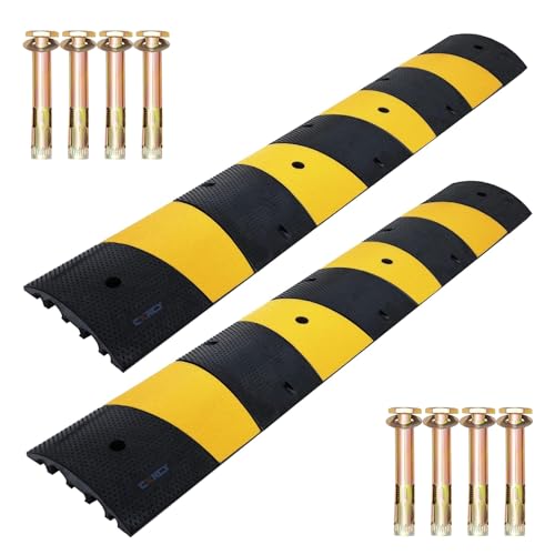 Image of CXRCY Heavy Duty Speed Bumps 6FT 2 Pack 2-Channel Modular Traffic Driveway Speed Bump Hump Heavy Duty Rubber Cable Ramp with 8 Bolts for Asphalt Concrete Garage Gravel Roads (72 x 12 x 2.4 Inch)